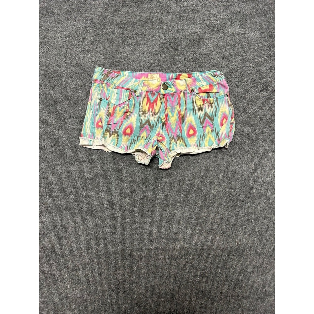 Arden B Shorts Womens Size 12 Multicolor Ikat Boho Frayed Hem Stretch Denim